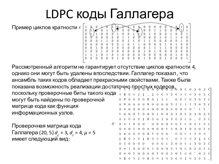 LDPC коды Галлагера Пример циклов кратности 4: Рассмотренный алгоритм не гарантирует отсутствие циклов