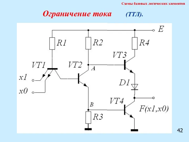42 Схемы базовых логических элементов Ограничение тока (ТТЛ).