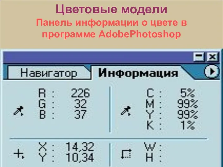 Цветовые модели Панель информации о цвете в программе AdobePhotoshop