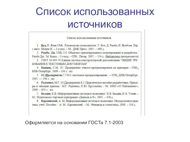 Список использованных источников Оформляется на основании ГОСТа 7.1-2003