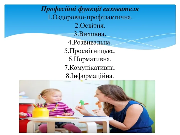 Професійні функції вихователя 1.Оздоровчо-профілактична. 2.Освітня. 3.Виховна. 4.Розвивальна. 5.Просвітницька. 6.Нормативна. 7.Комунікативна. 8.Інформаційна.