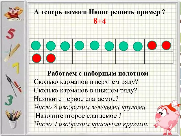 А теперь помоги Нюше решить пример ? 8+4 Работаем с