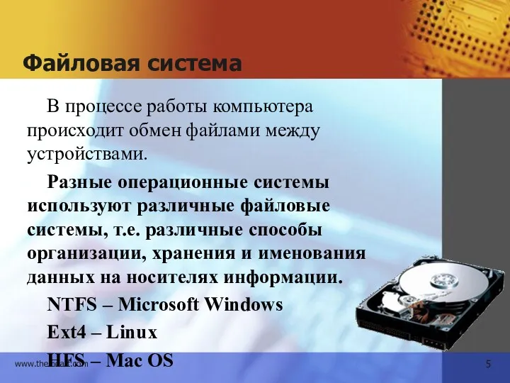 Файловая система В процессе работы компьютера происходит обмен файлами между