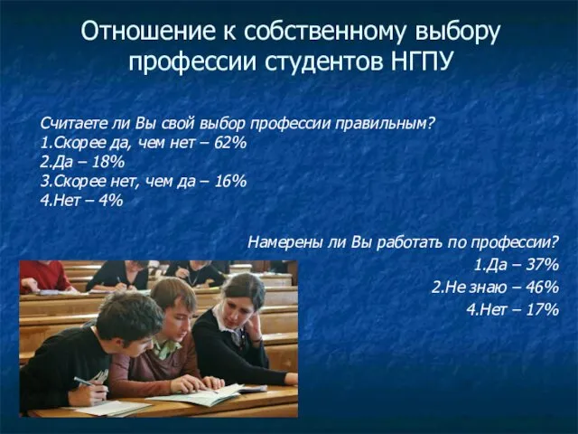 Отношение к собственному выбору профессии студентов НГПУ Считаете ли Вы свой выбор профессии