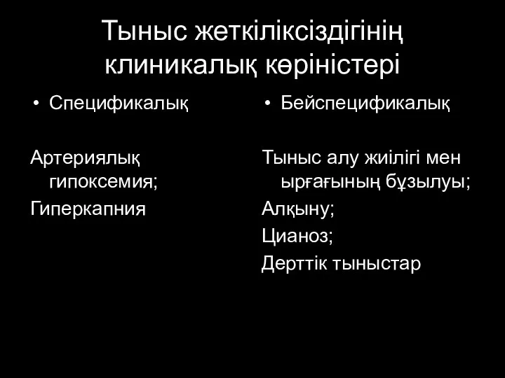 Тыныс жеткіліксіздігінің клиникалық көріністері Спецификалық Артериялық гипоксемия; Гиперкапния Бейспецификалық Тыныс