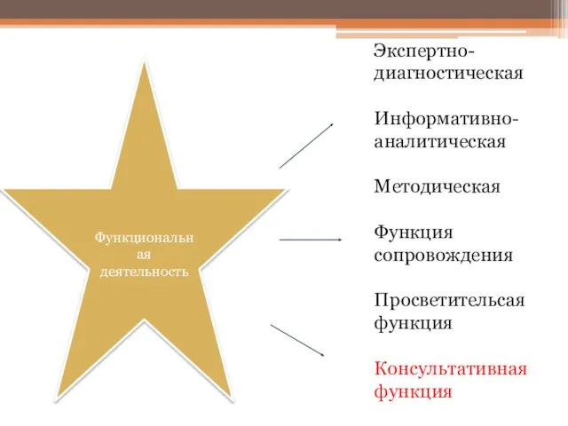 Функциональная деятельность Экспертно-диагностическая Информативно-аналитическая Методическая Функция сопровождения Просветительсая функция Консультативная функция