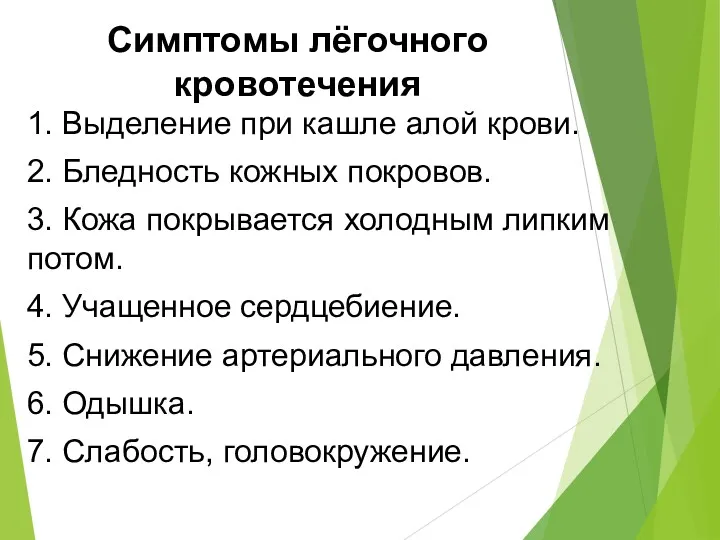 Симптомы лёгочного кровотечения 1. Выделение при кашле алой крови. 2.