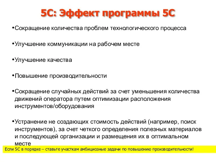 5С: Эффект программы 5С Сокращение количества проблем технологического процесса Улучшение