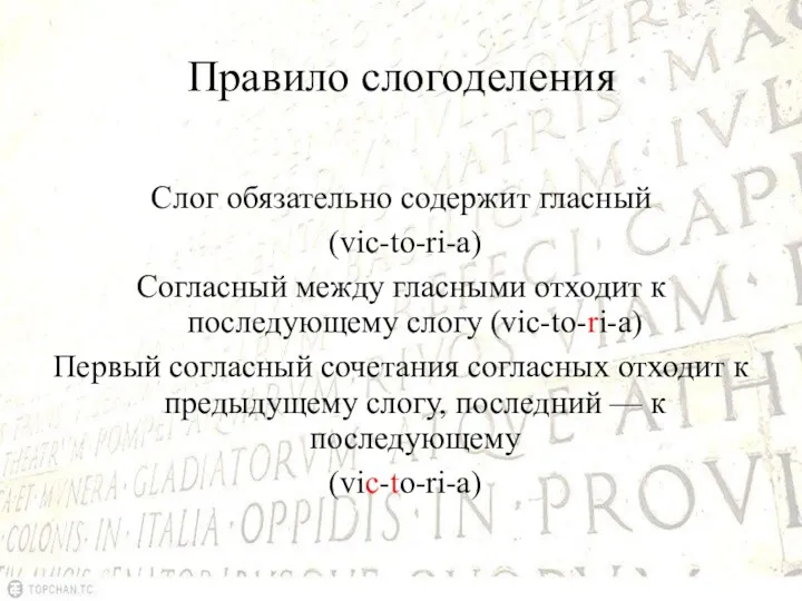 Правило слогоделения Слог обязательно содержит гласный (vic-to-ri-a) Согласный между гласными