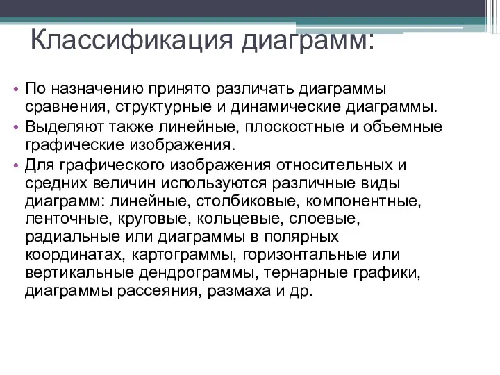 Классификация диаграмм: По назначению принято различать диаграммы сравнения, структурные и