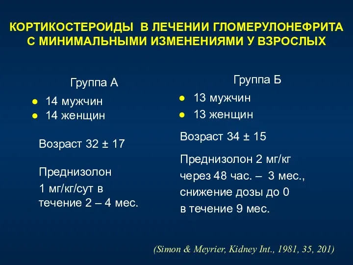 КОРТИКОСТЕРОИДЫ В ЛЕЧЕНИИ ГЛОМЕРУЛОНЕФРИТА С МИНИМАЛЬНЫМИ ИЗМЕНЕНИЯМИ У ВЗРОСЛЫХ Группа