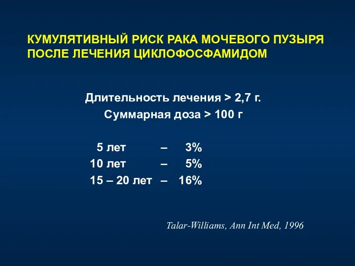 КУМУЛЯТИВНЫЙ РИСК РАКА МОЧЕВОГО ПУЗЫРЯ ПОСЛЕ ЛЕЧЕНИЯ ЦИКЛОФОСФАМИДОМ Длительность лечения