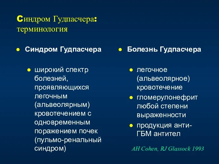 Cиндром Гудпасчера: терминология Синдром Гудпасчера широкий спектр болезней, проявляющихся легочным