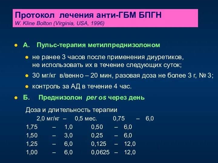 Протокол лечения анти-ГБМ БПГН W. Kline Bolton (Virginia, USA, 1996)