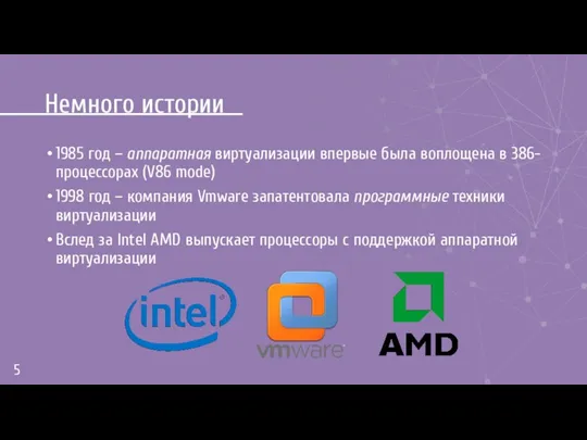 Немного истории 1985 год – аппаратная виртуализации впервые была воплощена