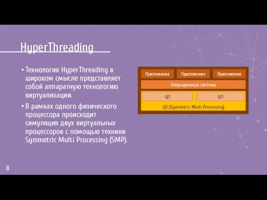 HyperThreading Технология HyperThreading в широком смысле представляет собой аппаратную технологию