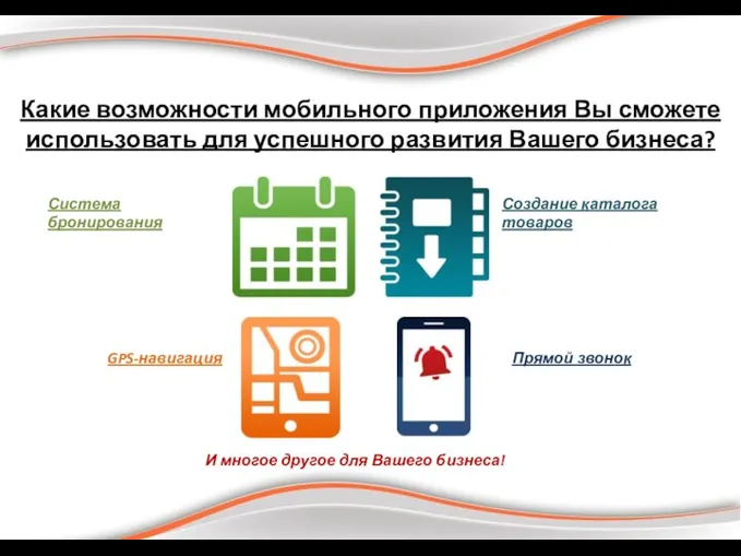 Система бронирования Создание каталога товаров GPS-навигация Прямой звонок И многое