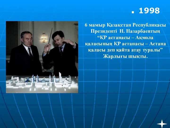 6 мамыр Қазақстан Республикасы Президенті Н. Назарбаевтың “ҚР астанасы – Ақмола қаласының ҚР