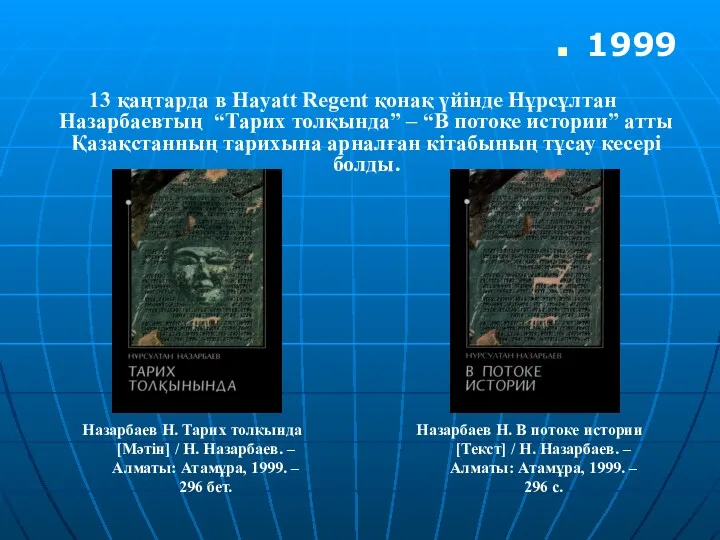 13 қаңтарда в Hayatt Regent қонақ үйінде Нұрсұлтан Назарбаевтың “Тарих толқында” – “В