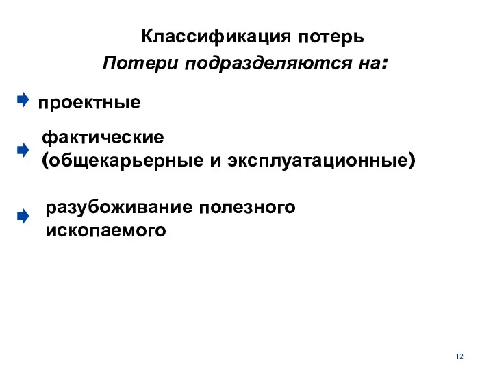 Классификация потерь проектные разубоживание полезного ископаемого Потери подразделяются на: фактические (общекарьерные и эксплуатационные)