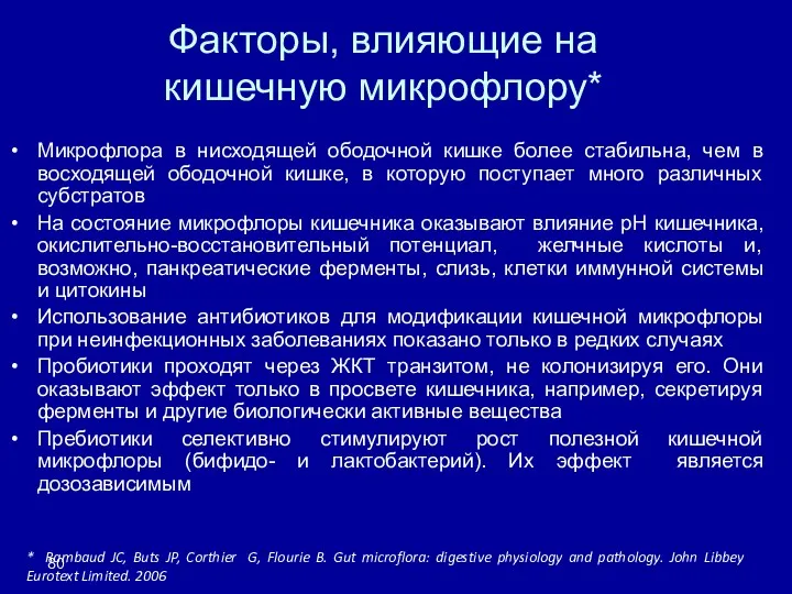 Факторы, влияющие на кишечную микрофлору* Микрофлора в нисходящей ободочной кишке