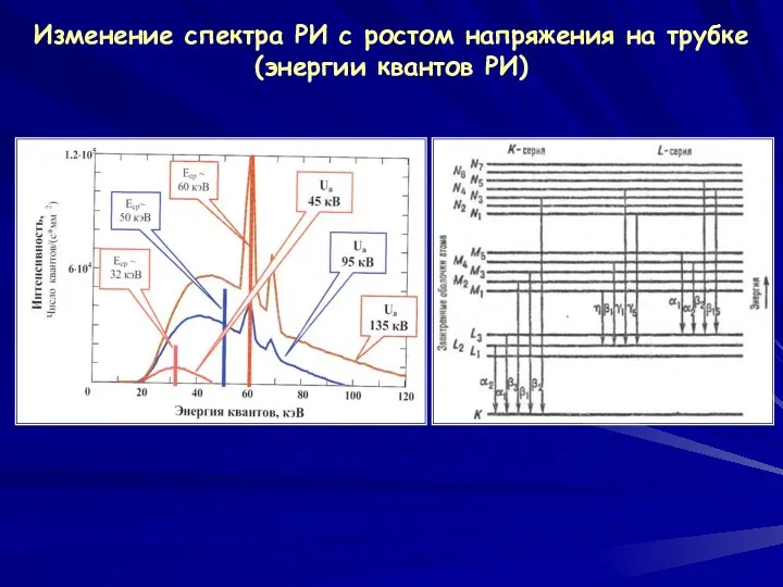 Изменение спектра РИ с ростом напряжения на трубке (энергии квантов РИ)