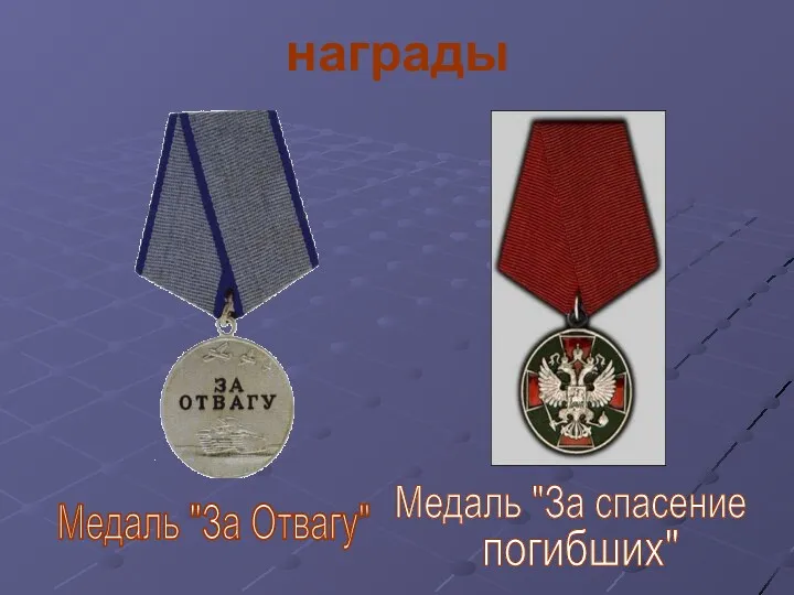 награды Медаль "За Отвагу" Медаль "За спасение погибших"