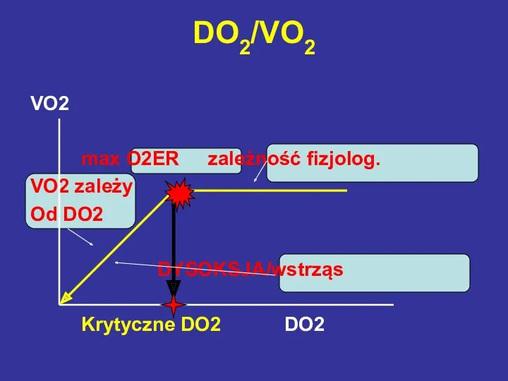 VO2 max O2ER zależność fizjolog. VO2 zależy Od DO2 DYSOKSJA/wstrząs Krytyczne DO2 DO2 DO2/VO2