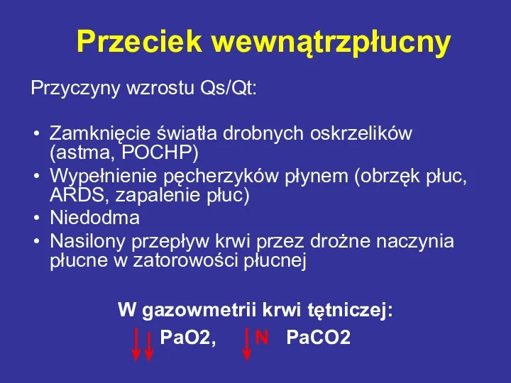 Przyczyny wzrostu Qs/Qt: Zamknięcie światła drobnych oskrzelików (astma, POCHP) Wypełnienie