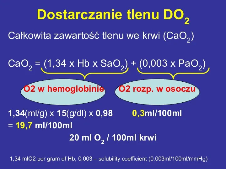 Dostarczanie tlenu DO2 Całkowita zawartość tlenu we krwi (CaO2) CaO2