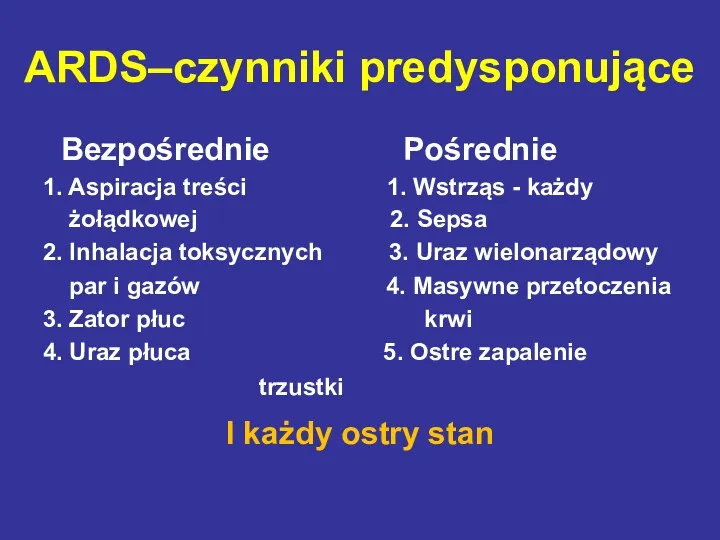 ARDS–czynniki predysponujące Bezpośrednie Pośrednie 1. Aspiracja treści 1. Wstrząs -