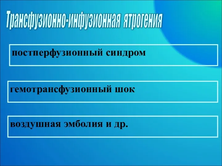 Трансфузионно-инфузионная ятрогения постперфузионный синдром гемотрансфузионный шок воздушная эмболия и др.