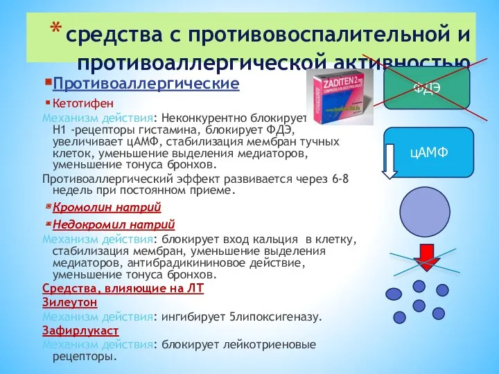 средства с противовоспалительной и противоаллергической активностью Противоаллергические Кетотифен Механизм действия: