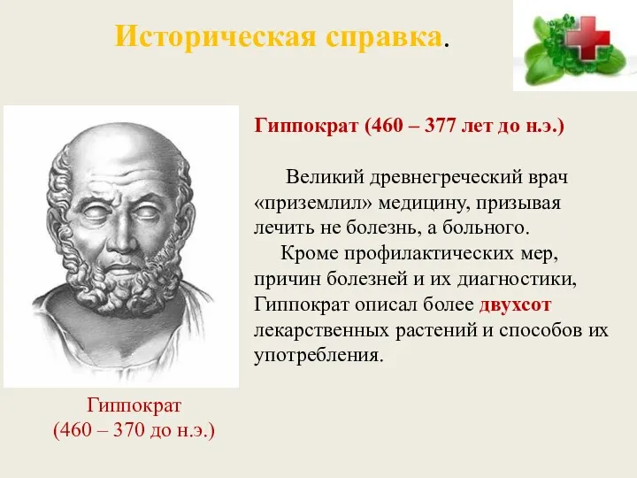 Историческая справка. Гиппократ (460 – 377 лет до н.э.) Великий