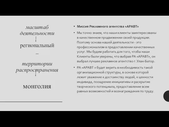 масштаб деятельности региональный _ территории распространения монголия Миссия Рекламного агентства