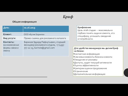 Бриф Общая информация Брифование Цель этой стадии — максимально глубоко