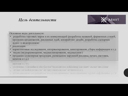 Цель деятельности Основные виды деятельности: разработка торговых марок и их