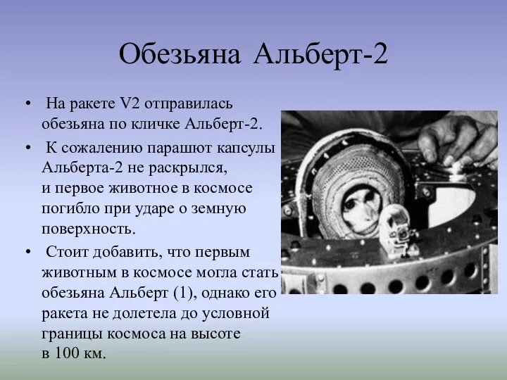 Обезьяна Альберт-2 На ракете V2 отправилась обезьяна по кличке Альберт-2.