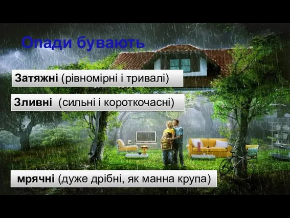 Іде дощ Опади бувають Затяжні (рівномірні і тривалі) Зливні (сильні