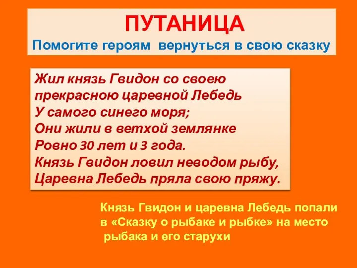 ПУТАНИЦА Помогите героям вернуться в свою сказку Жил князь Гвидон