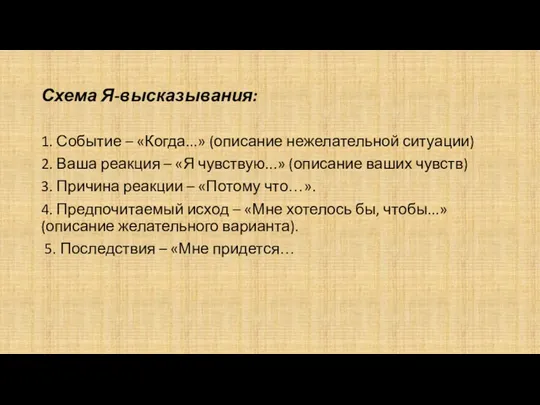 Схема Я-высказывания: 1. Событие – «Когда...» (описание нежелательной ситуации) 2.