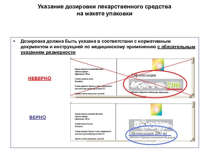 Указание дозировки лекарственного средства на макете упаковки Дозировка должна быть