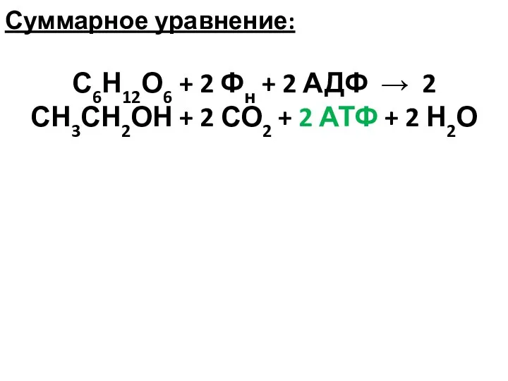 Суммарное уравнение: С6Н12О6 + 2 Фн + 2 АДФ →