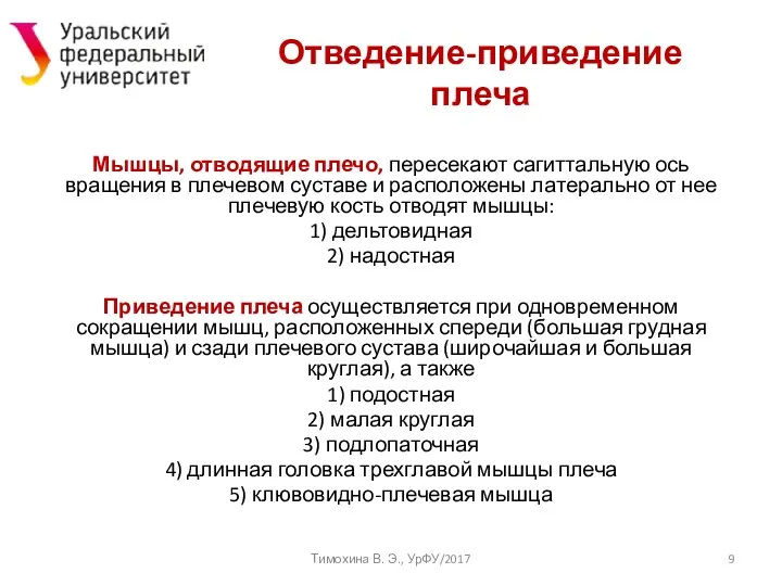 Отведение-приведение плеча Мышцы, отводящие плечо, пересекают сагиттальную ось вращения в