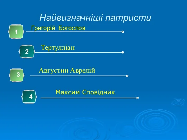 Найвизначніші патристи Григорій Богослов 1 Тертулліан Августин Аврелій 3 Максим Сповідник 4 2