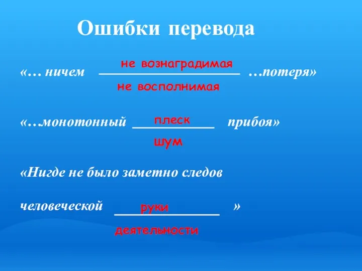 Ошибки перевода «… ничем …потеря» «…монотонный прибоя» «Нигде не было