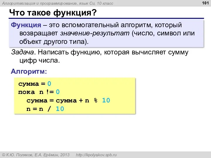 Что такое функция? Функция – это вспомогательный алгоритм, который возвращает