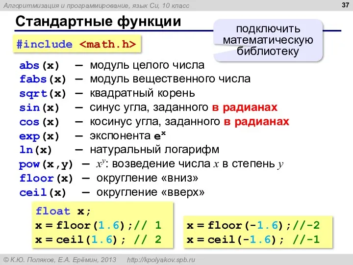 Стандартные функции abs(x) — модуль целого числа fabs(x) — модуль