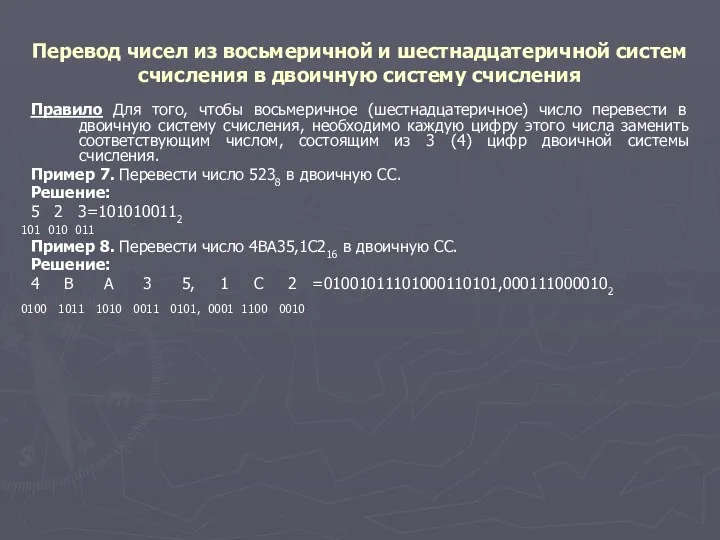 Перевод чисел из восьмеричной и шестнадцатеричной систем счисления в двоичную