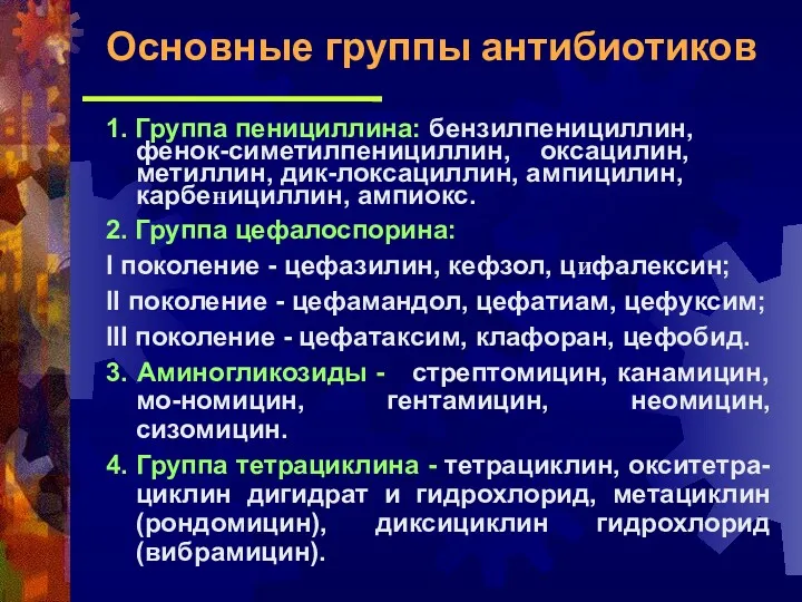 1. Группа пенициллина: бензилпенициллин, фенок-симетилпенициллин, оксацилин, метиллин, дик-локсациллин, ампицилин, карбенициллин,